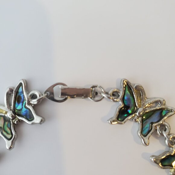 Abalone Butterfly Silver Chain Link Bracelet Teal Green & Blue tones Boho Chic - Picture 4 of 5